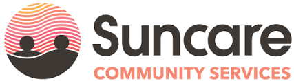 Circle on the left with lines from left to right representing sunshine and the silhouette of two people at the bottom of the circle. Suncare Community Services Logo 